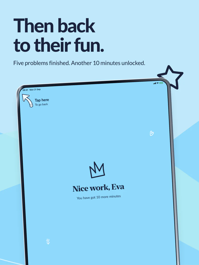 Then back to their fun. Five problems finished. The Nice work screen confirms another ten minutes unlocked.