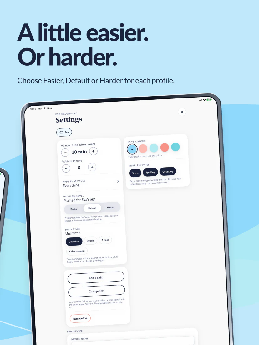 A little easier. Or harder. Settings let a parent choose Easier, Default or Harder for each profile.