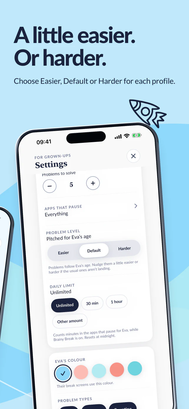 A little easier. Or harder. Settings let a parent choose Easier, Default or Harder for each profile.